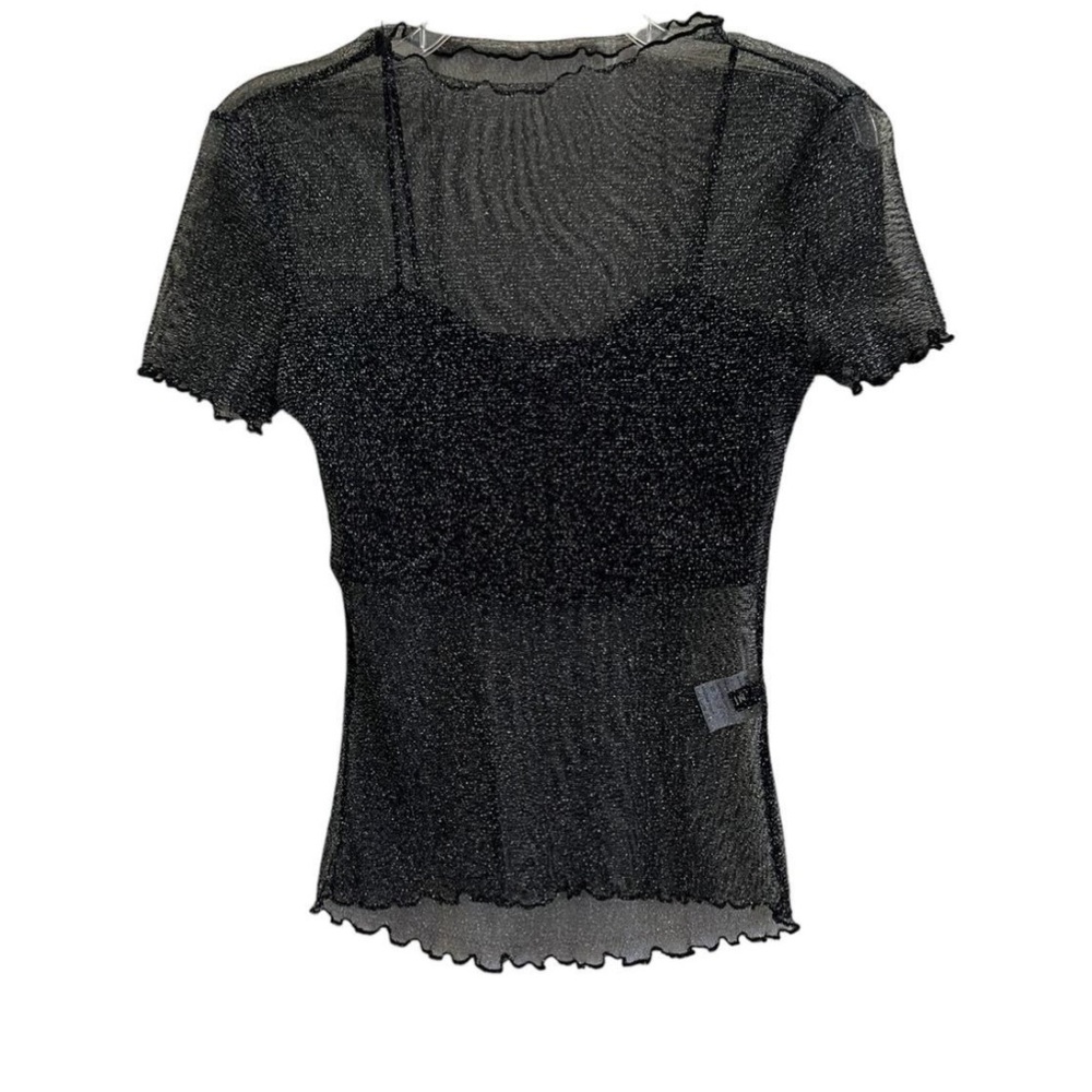 Black ruffle sparkly see through t shirt.